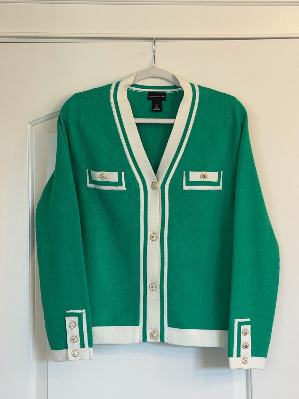 Adrienne Vittadini Green and White Striped Blazer Sweater, size L